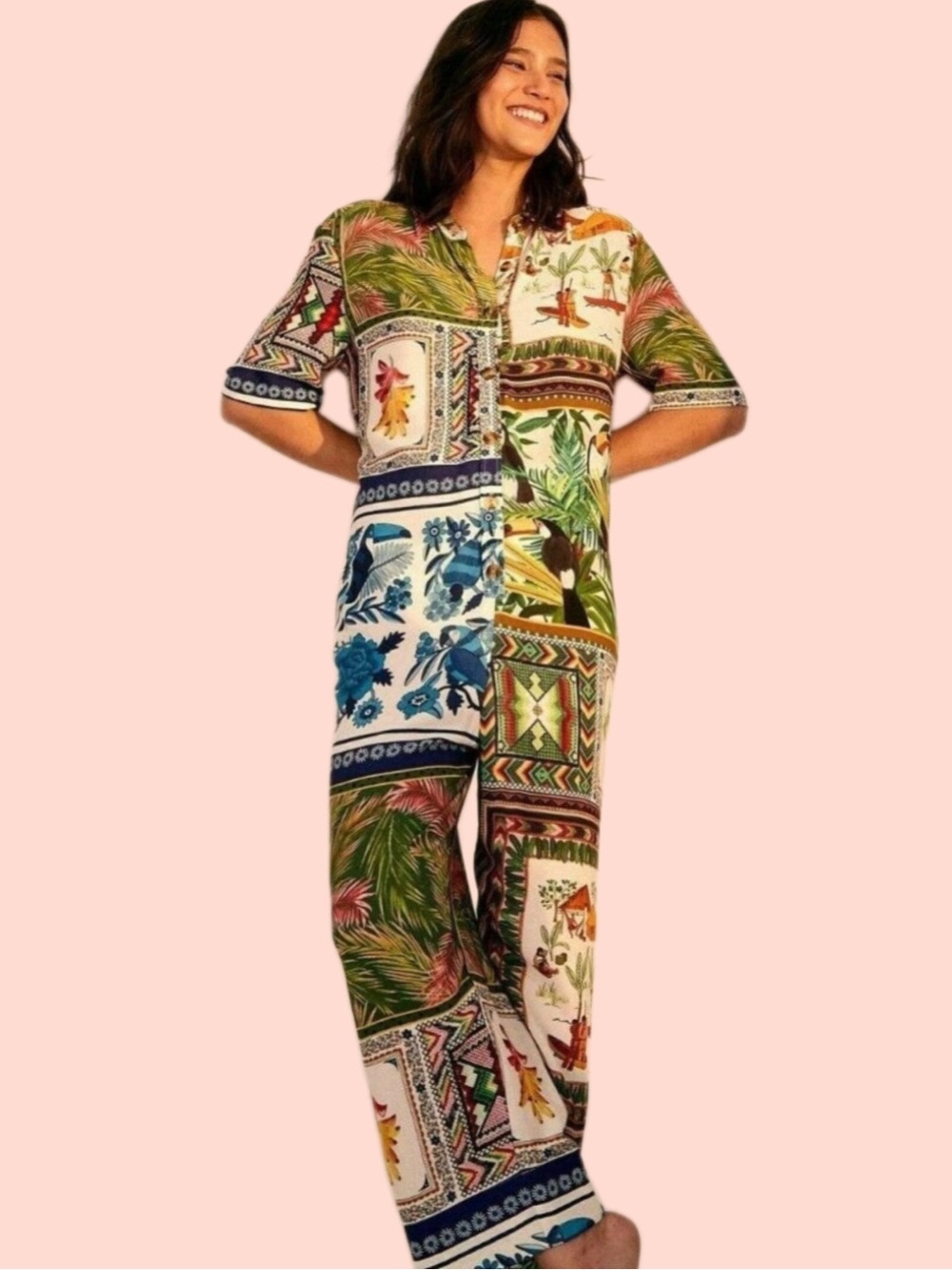 FARM RIO PATCHWORK MULTICOLOR OVERSIZED TROPICAL PRINT JUMPSUIT FITS XS - M